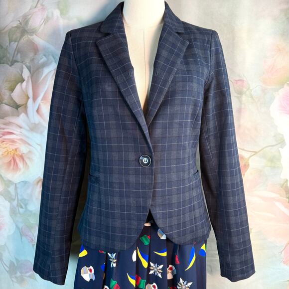 Savile Row Co. London Blue Plaid Elbow Patch Vintage Style Button Front Blazer - Picture 1 of 5
